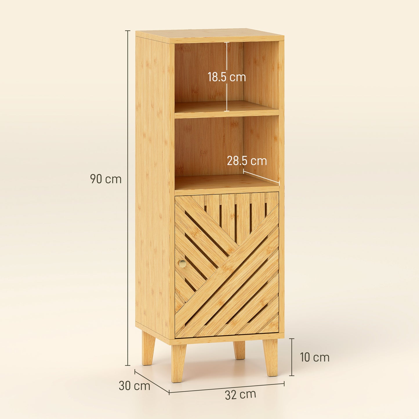 Slim Bathroom Cabinet with Bamboo Door and Legs, Narrow Bathroom Storage Cabinet, Freestanding Storage Cupboard with Open Compartments, 32 x 30 x 90 cm, Natural Wood Finish