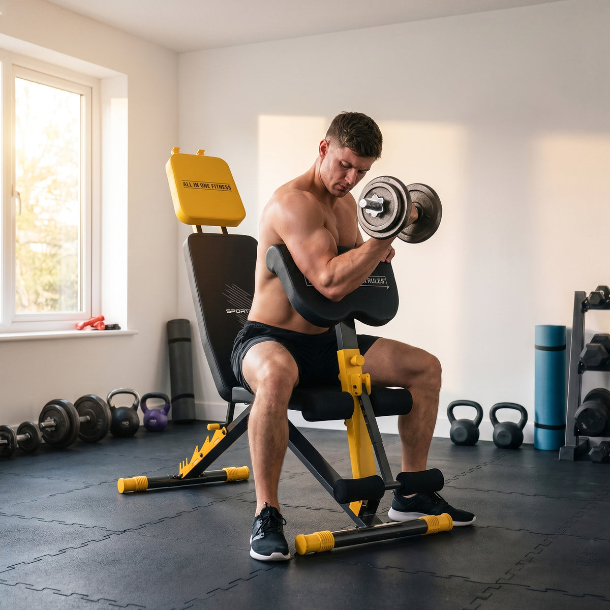 Adjustable Weight Bench | 300kg Capacity | 7 Backrest Positions | Preacher Curl | Leg Extension | Foldable | Home Gym | Yellow