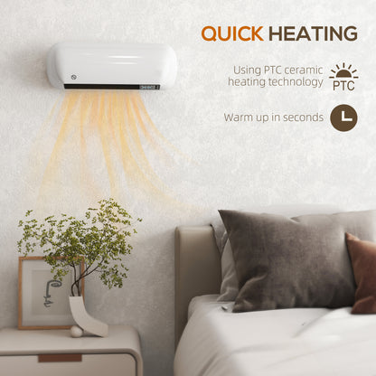 2000W Ceramic Electric Heater with Fan, Adjustable Thermostat, Wall Mounted - White / Black
