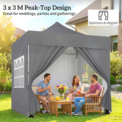 3x3m Heavy-Duty Peak-Top Pop-Up Gazebo | 420D UPF50+ Oxford Fabric | 4 Removable Sidewalls | Zipper Door & Windows | 3-Height Adjustment | 8 Drainage Holes | 4 Sandbags, 4 Guy Ropes & 8 Stakes | Wheeled Carry Bag | Dark Grey