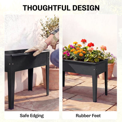 Raised Metal Planter on Legs | 20L Capacity | Drainage Hole | Polished Edges | Rubber Foot Covers | Balcony & Patio | 60x27x45cm | Black