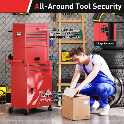 Three-Part Steel Locking Tool Storage Cabinet Chest - Red / Black