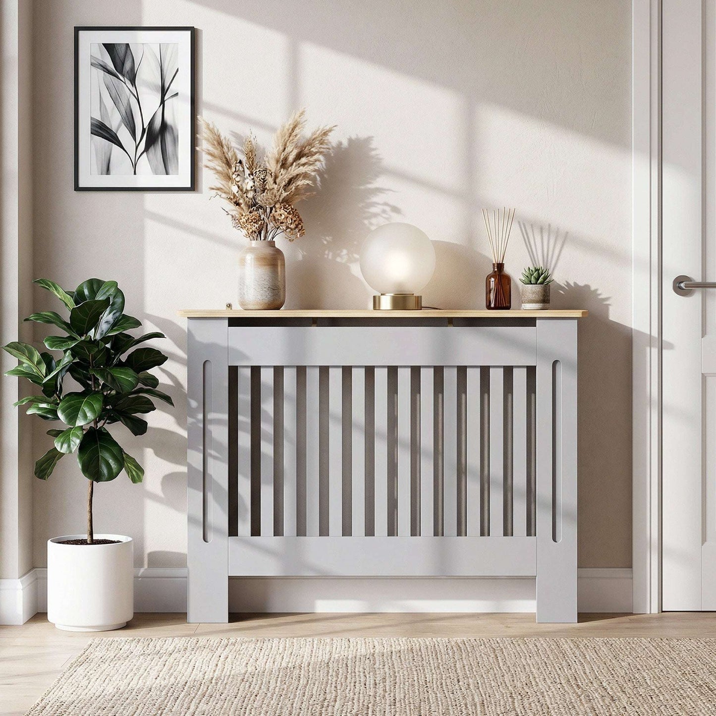 MDF Radiator Cover | Slatted Line Grill Design | Display Top | Wall Mountable | Fittings Included | Lightweight 9kg | 112x19x81cm | Grey