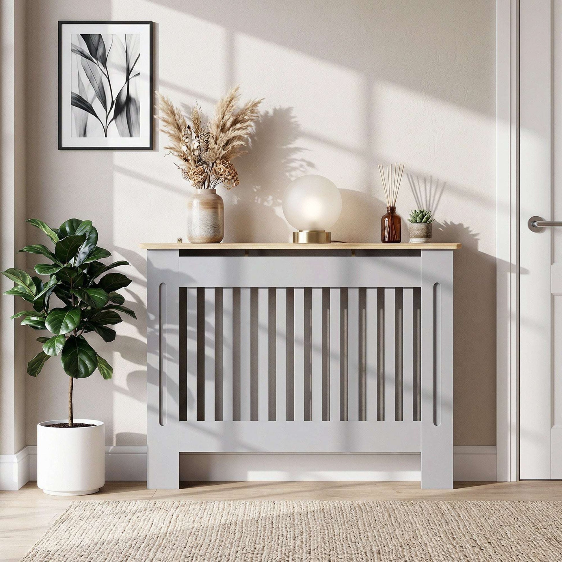 MDF Radiator Cover | Slatted Line Grill Design | Display Top | Wall Mountable | Fittings Included | Lightweight 9kg | 112x19x81cm | Grey