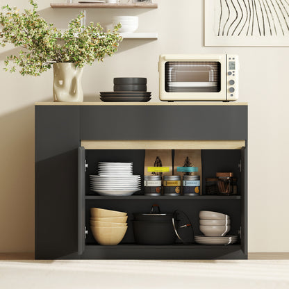 Sideboard & Storage Cabinet | Divided Drawer | 3 Open Shelves | Adjustable Cabinet Shelf | Anti-Tip | 60kg | Black