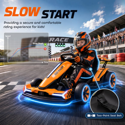 24V Electric Go Kart for Kids | Drift Mode In-Place Spin | 3 Speeds 8–12km/h | Slow Start Forward & Reverse | Adjustable Seat | Multicolour Lights Music Horn USB | 2-Point Belt | 50kg | 131.5x76.5x53.5cm | Ages 6–12 | Orange Blue Pink Black