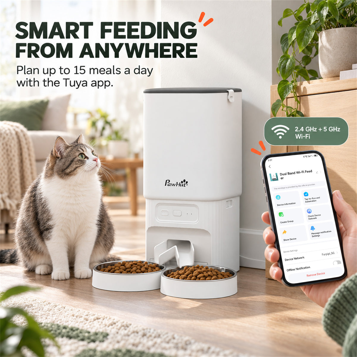 PawHut 7L Automatic Cat & Small Dog Feeder | Tuya App, 2.4GHz & 5GHz Wi-Fi | Dual Bowls, 15 Meals a Day & Battery Backup | White