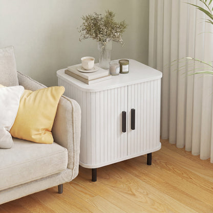 Nordic Bedside Table | Roller Shutter Sliding Doors | 2-Tier Storage | Steel Legs | Scratch-Resistant Melamine | 90kg Capacity | 48 x 40 x 48cm | White Wood Effect