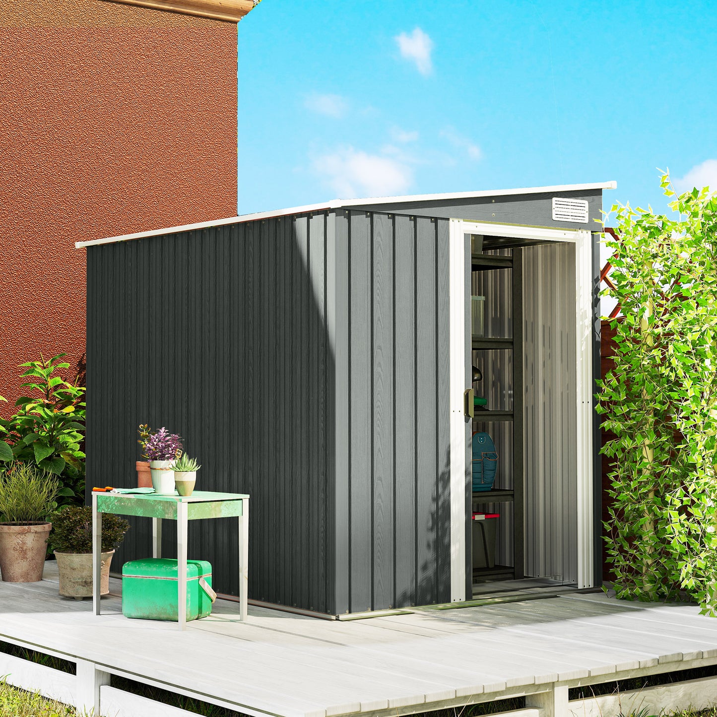 Galvanised Steel Lean-To Garden Storage Shed | Sliding Door | 2 Hooks & 2 Adjustable Shelves | 2 Vents | Floor Foundation Included | 40kg/m² Snow Rating | 154x206.5x181cm | 2.81m² | Light Grey Wood Effect