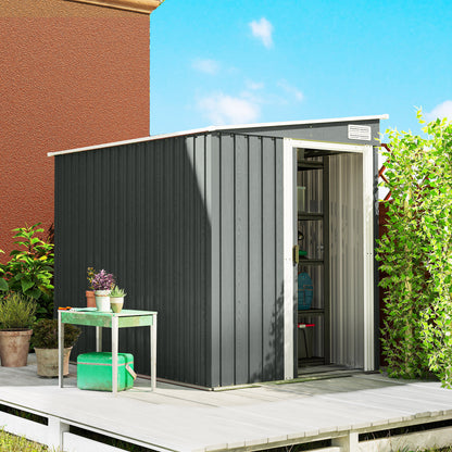 Galvanised Steel Lean-To Garden Storage Shed | Sliding Door | 2 Hooks & 2 Adjustable Shelves | 2 Vents | Floor Foundation Included | 40kg/m² Snow Rating | 154x206.5x181cm | 2.81m² | Light Grey Wood Effect