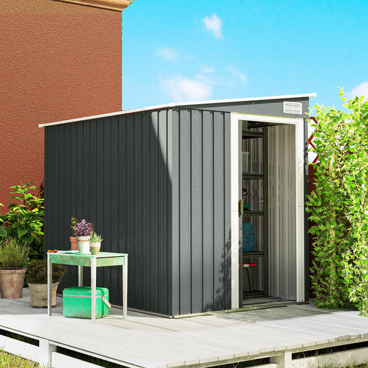 Galvanised Steel Lean-To Garden Storage Shed | Sliding Door | 2 Hooks & 2 Adjustable Shelves | 2 Vents | Floor Foundation Included | 40kg/m² Snow Rating | 154x206.5x181cm | 2.81m² | Light Grey Wood Effect
