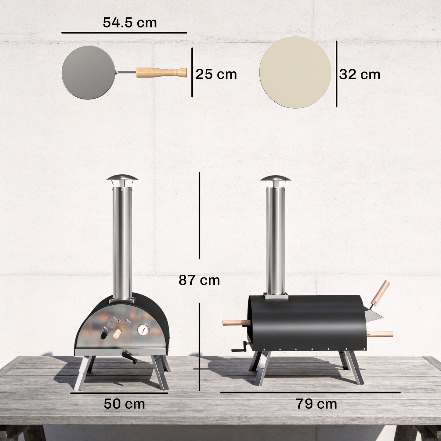 Wood-Fired Outdoor Pizza Oven | 500°C in 10 Mins | Rotating Stone | Peel Included | Foldable Legs | Black