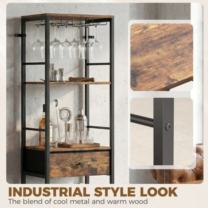 Industrial Wine Bar Cabinet | 16 Bottle Rack | 12 Glass Holder | Freestanding | 40x29x148.5cm | Rustic Brown