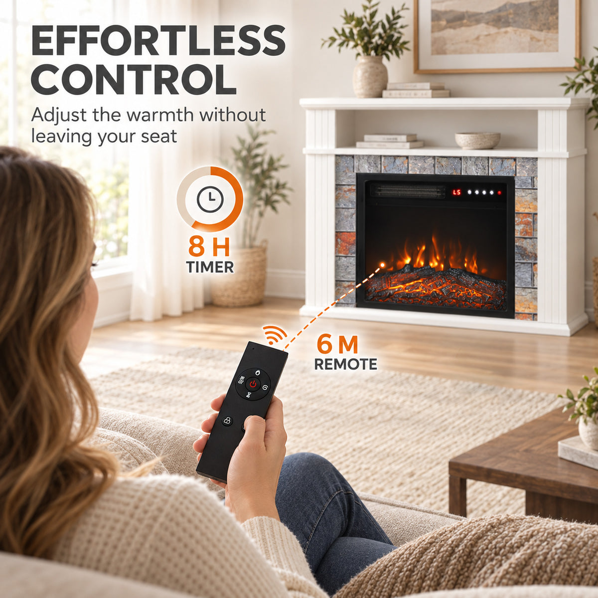 Electric Fireplace Suite | 1800W White Fire & Surround | Open Storage Shelf | Adjustable LED Flames | Remote & 8-Hour Timer