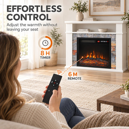 Electric Fireplace Suite | 1800W White Fire & Surround | Open Storage Shelf | Adjustable LED Flames | Remote & 8-Hour Timer