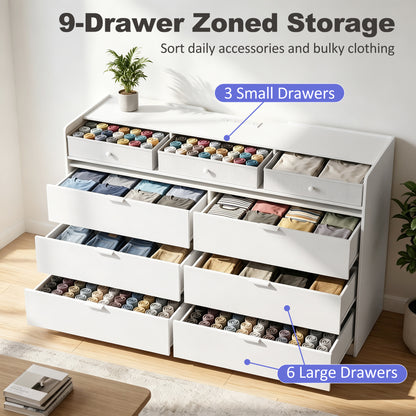 Chest of 9 Drawers with LED Strip & Charging Station | White MDF | 148.7x45x82cm | 2700-6500K Bluetooth | 2 UK Outlets USB-A USB-C | TV Stand up to 65in | Anti-Tip | 85kg