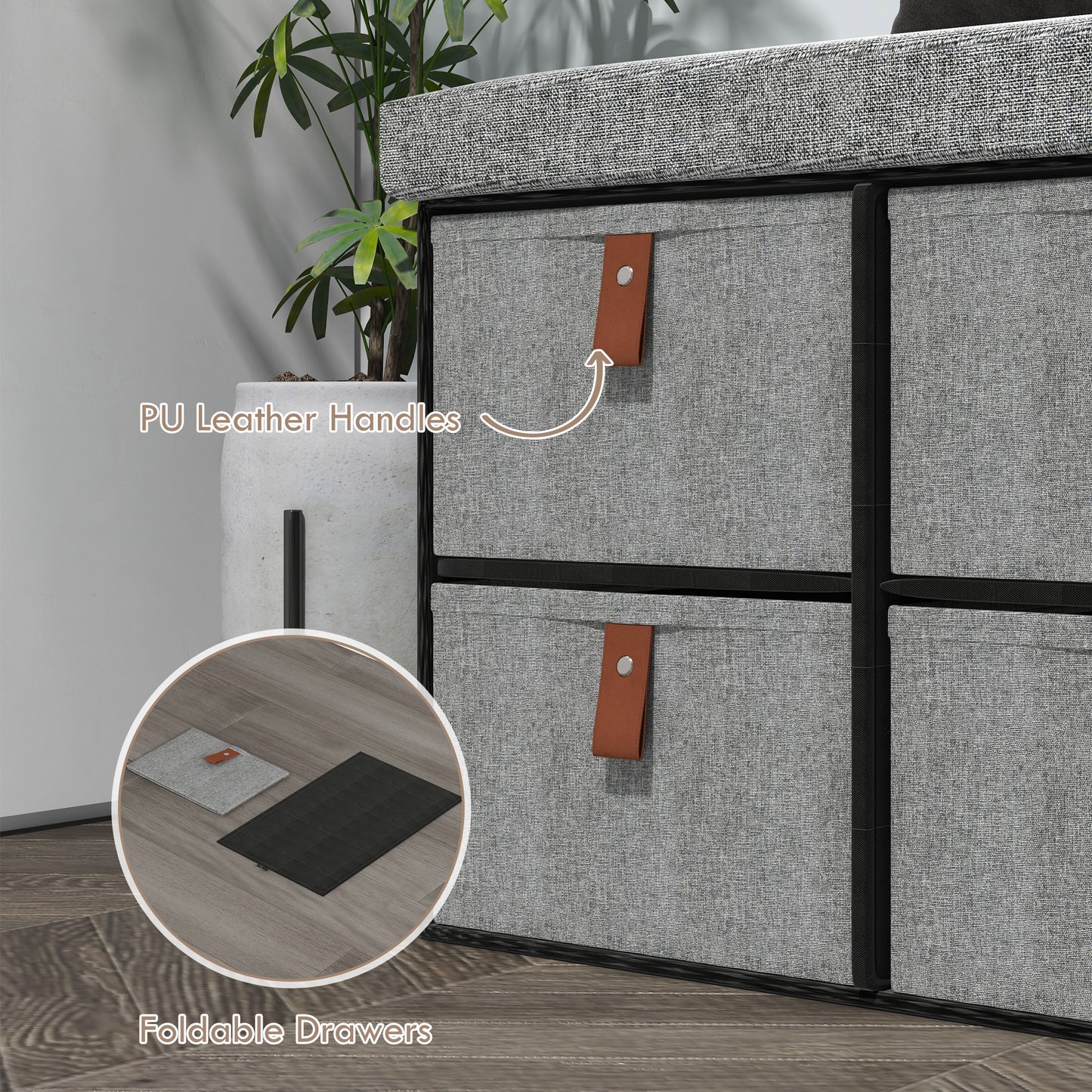 Shoe Bench with Seat, Shoe Storage Bench with Cushion and 6 Fabric Drawers for Entryway, Hallway, Living Room, Bedroom, Light Grey