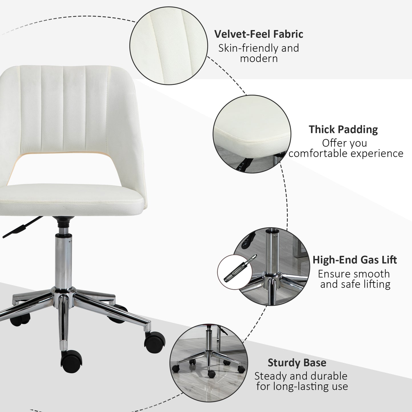 Armless Velvet-Feel Office Chair | Sponge Padded Seat & Back | 360° Swivel | 5 Wheels | Height Adjustable 46-58cm | 120kg | Bedroom Home Office Study | Cream White