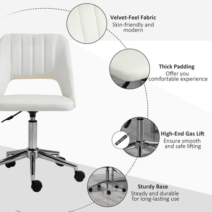 Armless Velvet-Feel Office Chair | Sponge Padded Seat & Back | 360° Swivel | 5 Wheels | Height Adjustable 46-58cm | 120kg | Bedroom Home Office Study | Cream White