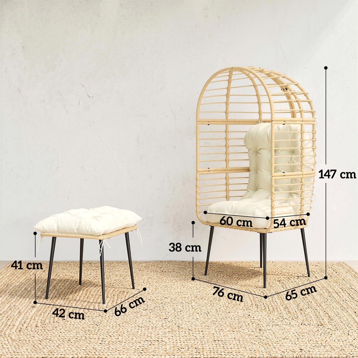 Rattan Egg Chair & Footstool Set | 11cm Tufted Cushions | UV & Weather Resistant | Steel Frame | 120kg | Indoor & Outdoor | Beige