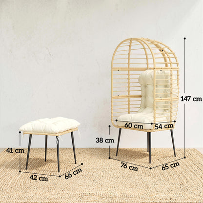Rattan Egg Chair & Footstool Set | 11cm Tufted Cushions | UV & Weather Resistant | Steel Frame | 120kg | Indoor & Outdoor | Beige