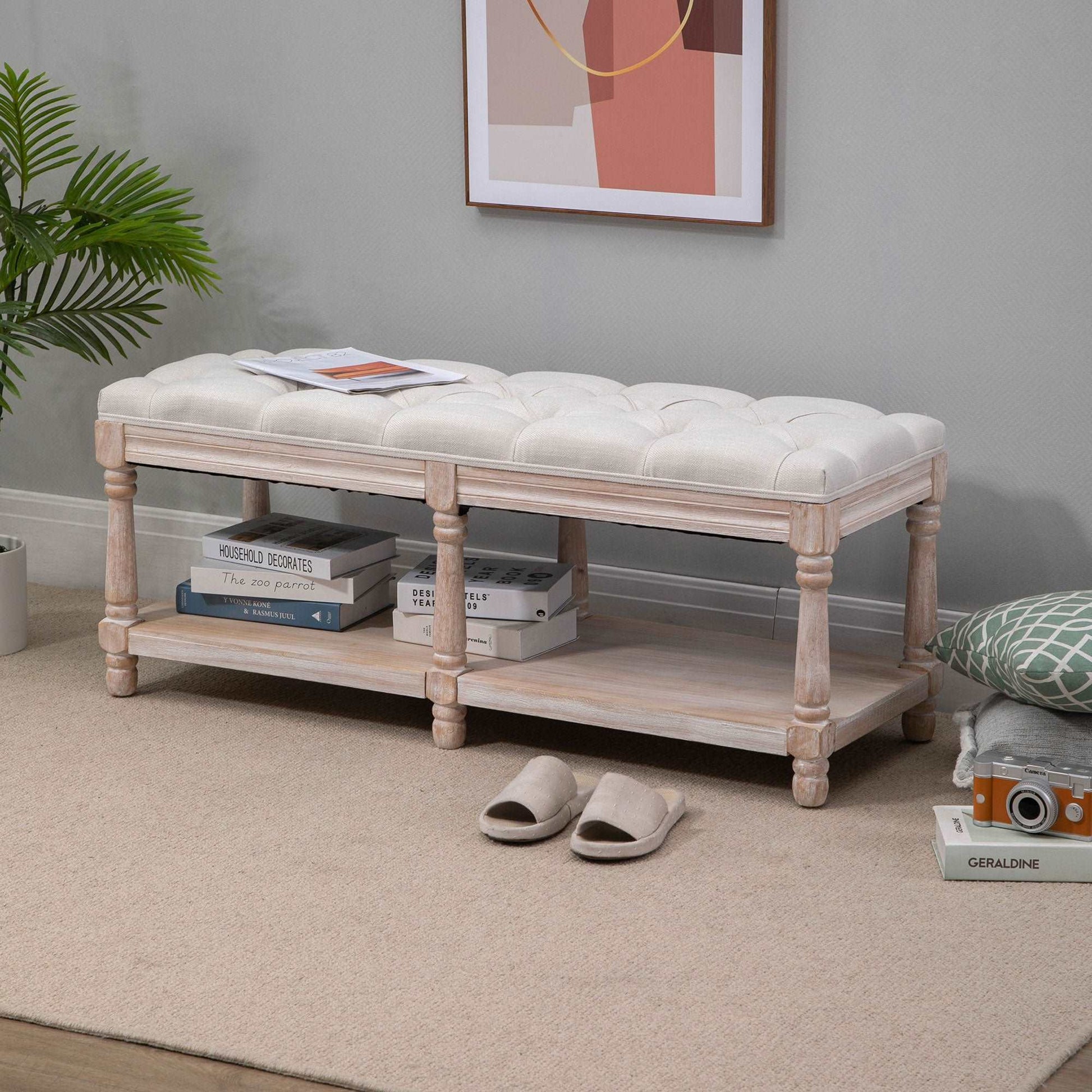 2 Tier Shoe Rack Bench with Button Tufted Upholstered Cushion, Vintage Bed End Bench, Wooden Window Seat for Hallway, Living Room, Cream White