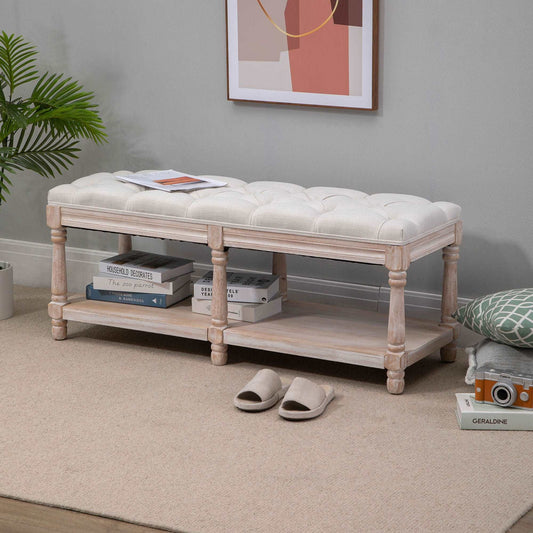 2 Tier Shoe Rack Bench with Button Tufted Upholstered Cushion, Vintage Bed End Bench, Wooden Window Seat for Hallway, Living Room, Cream White