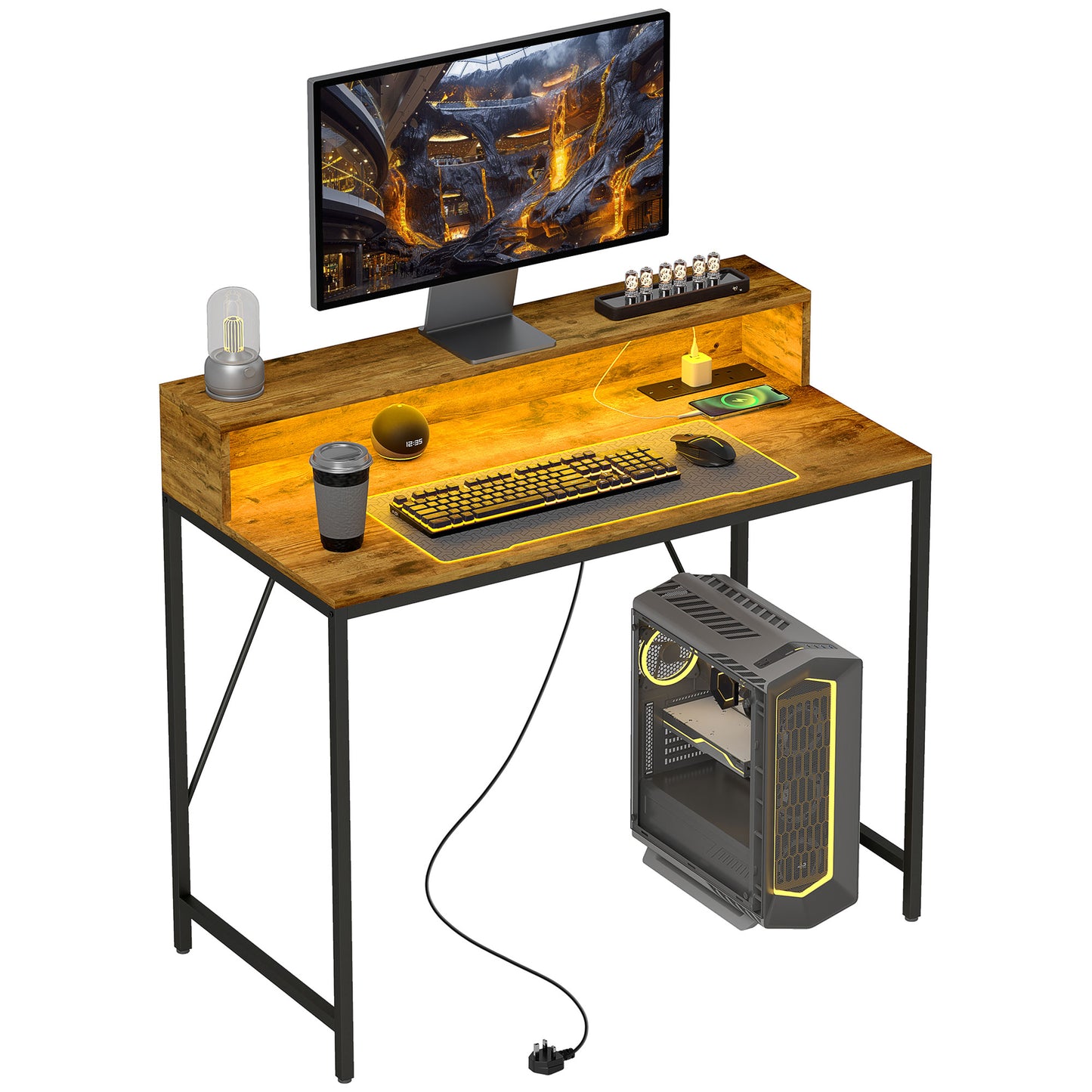Computer Desk W/ LED Lights and Power Outlets, Gaming Desk W/ Monitor Stand, Computer Table with Remote for Home Office Study, Rustic Brown