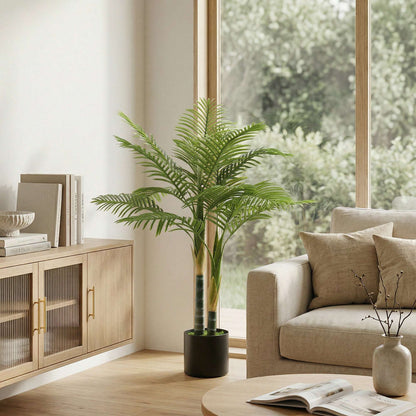 Artificial Palm Tree | 120cm | 14 PEVA Leaves | Shapeable Branches | Moss Effect Cement Pot | No Maintenance | Green