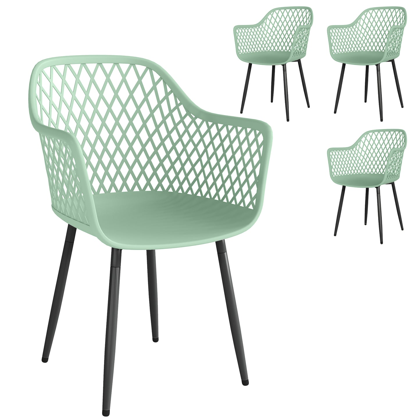 Set of 4 Outdoor Dining Chairs | Diamond Cut-Out Back | Wraparound Armrests | UV-Resistant PP Seat | Powder-Coated Metal Legs | 120kg Capacity | Indoor & Outdoor | 56 x 51 x 84cm | Green