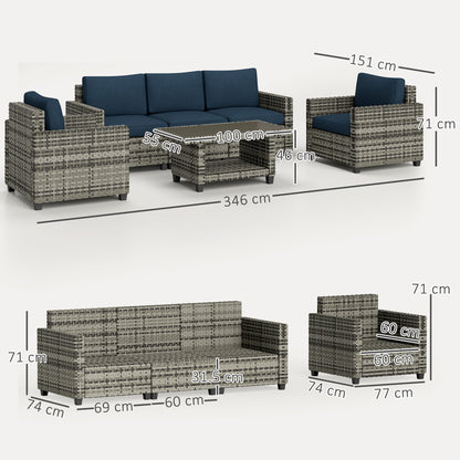 6 Pieces Rattan Garden Furniture Set, 5 Seater Wicker Outdoor Furniture Set with 2 Armchairs, Steel Frame Coffee Table and Cushions / Navy Blue