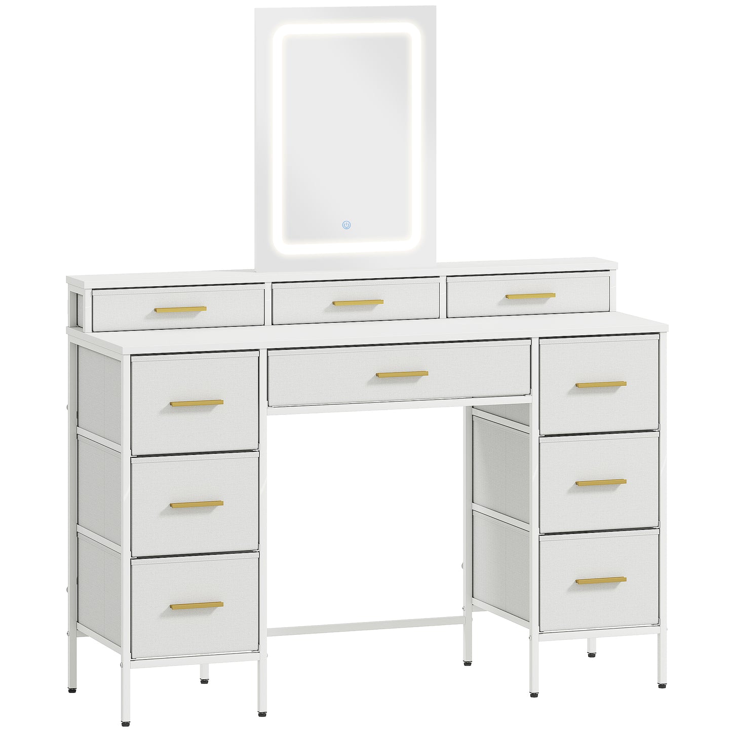 Dressing Table with LED Mirror | 10 Fabric Drawers | Gold Handles | 3 Light Modes | Anti-Tip | White