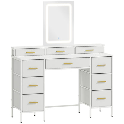 Dressing Table with LED Mirror | 10 Fabric Drawers | Gold Handles | 3 Light Modes | Anti-Tip | White
