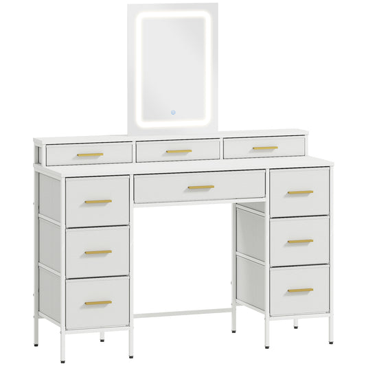 Dressing Table with LED Mirror | 10 Fabric Drawers | Gold Handles | 3 Light Modes | Anti-Tip | White