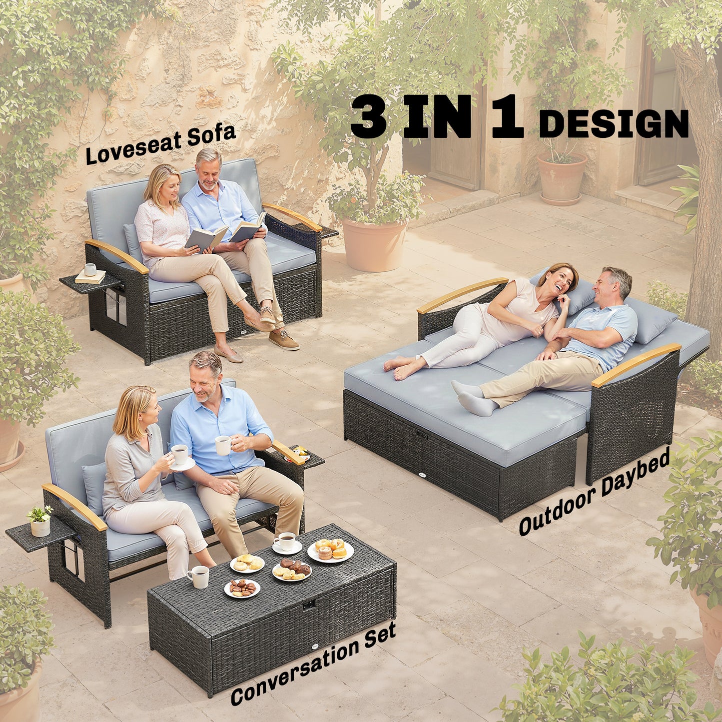 3-in-1 Rattan Garden Daybed | Loveseat to Daybed | Storage Ottoman | 5-Level Adjustable Backrest | 2 Foldable Side Tables | Wood-Effect Armrests | Triple-Strand PE Rattan | 320kg | Dark Grey