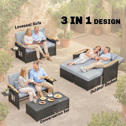 3-in-1 Rattan Garden Daybed | Loveseat to Daybed | Storage Ottoman | 5-Level Adjustable Backrest | 2 Foldable Side Tables | Wood-Effect Armrests | Triple-Strand PE Rattan | 320kg | Dark Grey