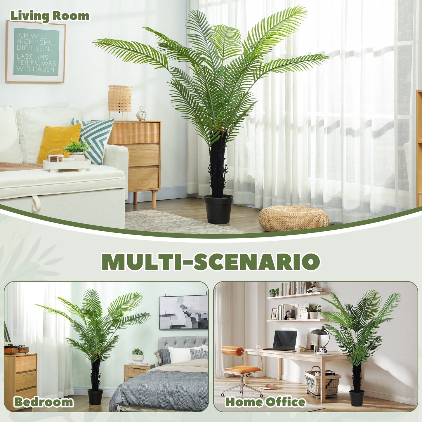 175cm Artificial Areca Palm Tree with 16 PE Leaves, Decorative Artificial Plant with Plastic Pot and Flocked Soil, Fake Plant