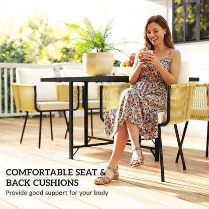 5-Piece Rattan Garden Dining Set | PS Wood-Plastic Table 110x110cm | 4 PE Rattan Armchairs | Thick Cushions | Zip Covers | Powder-Coated Metal Frame | Adjustable Feet | 120kg Chair Capacity | Beige