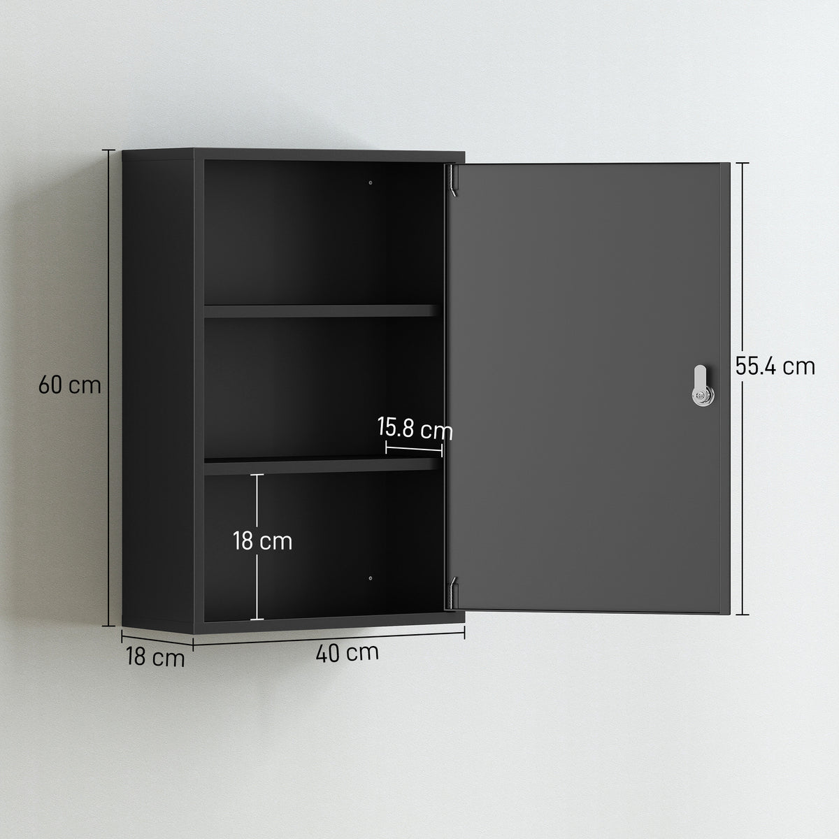 Kleankin 3-Tier Wall-Mounted Lockable Medicine Cabinet | Black Steel | 40x18x60cm | 2 Keys | Rust-Resistant | Pre-Drilled | Bathroom Kitchen | First Aid Storage