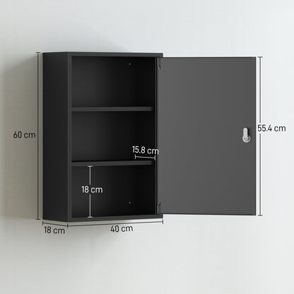 Kleankin 3-Tier Wall-Mounted Lockable Medicine Cabinet | Black Steel | 40x18x60cm | 2 Keys | Rust-Resistant | Pre-Drilled | Bathroom Kitchen | First Aid Storage