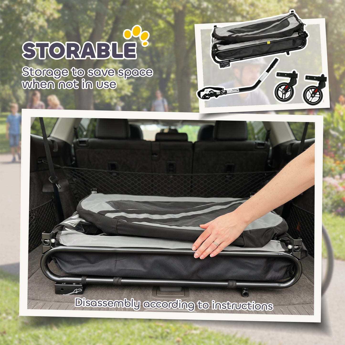 2-in-1 Dog Bike Trailer & Stroller | Mesh Windows | Plastic Curtain | Safety Harness, Flag & Reflectors | Foldable Quick-Release Wheels | Dogs up to 20kg | Grey