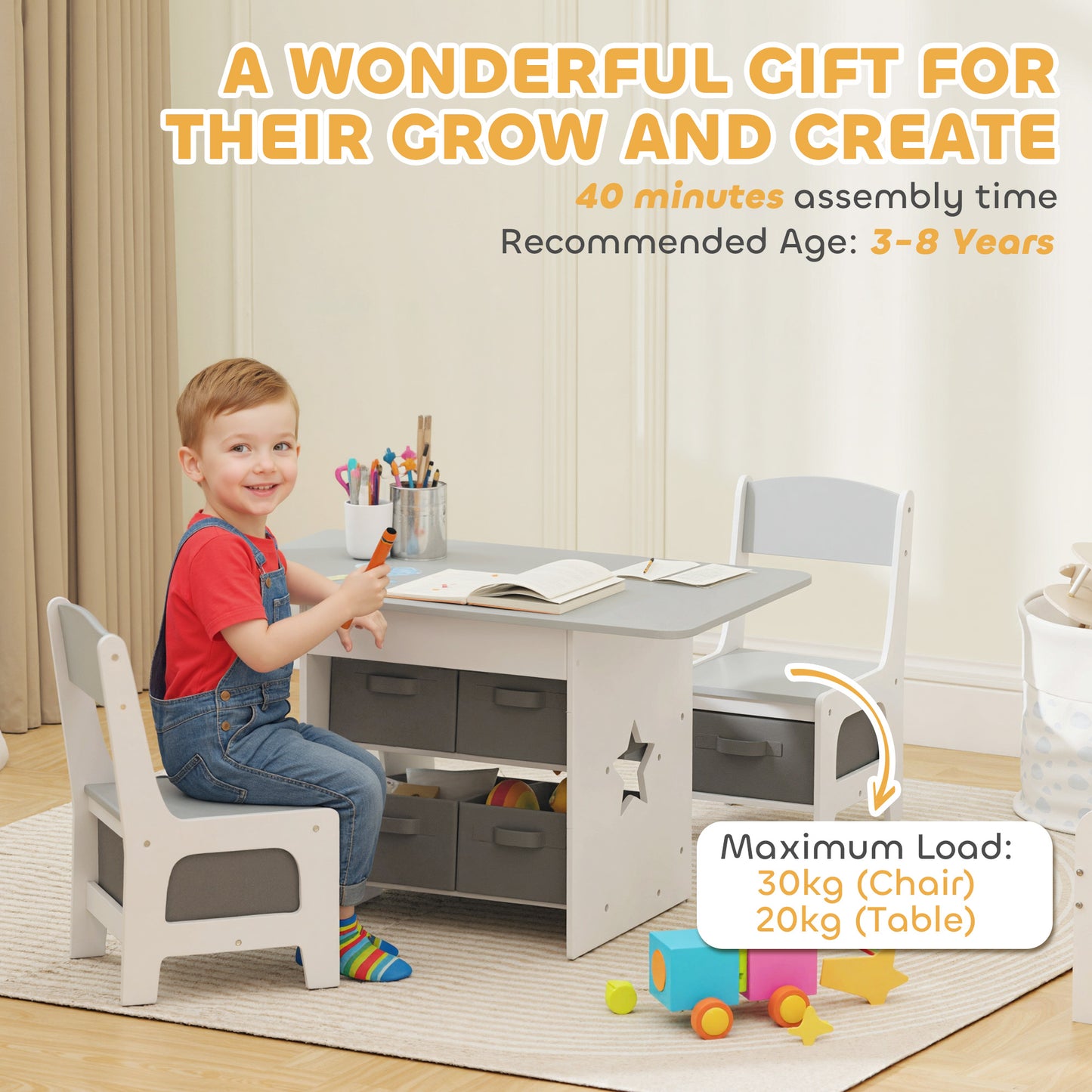 AIYAPLAY Kids Table and Chair Set, Toddler Table and 2 Chairs Set with 6 Removable Drawers, for Boys Girls Ages 3-8, Light Grey