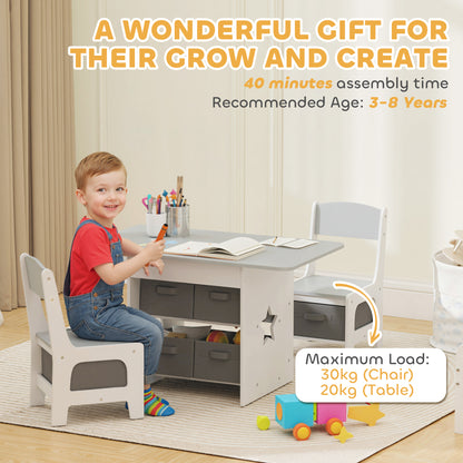 AIYAPLAY Kids Table and Chair Set, Toddler Table and 2 Chairs Set with 6 Removable Drawers, for Boys Girls Ages 3-8, Light Grey