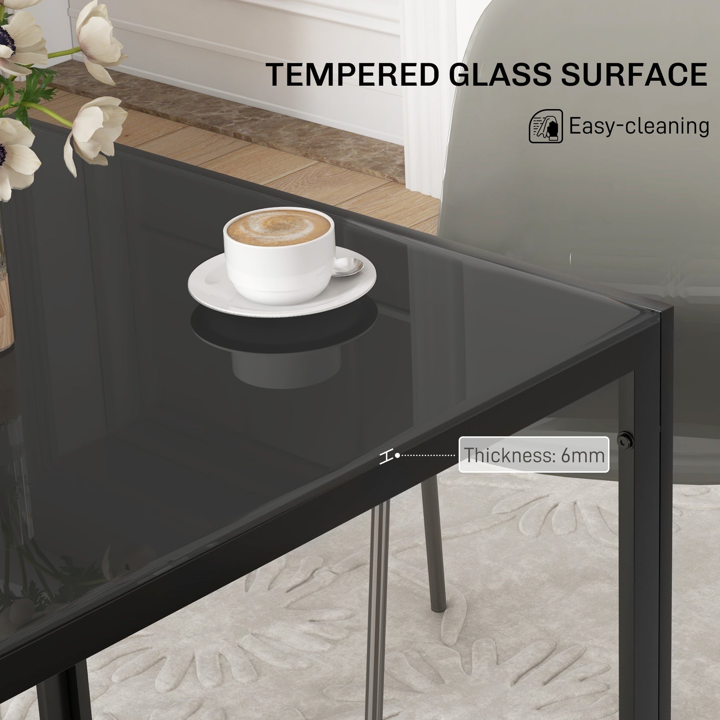 Square Dining Table | 75x75x75cm | 6mm Tempered Glass Top | Powder Coated Steel Legs | 2-4 People | 80kg | Black