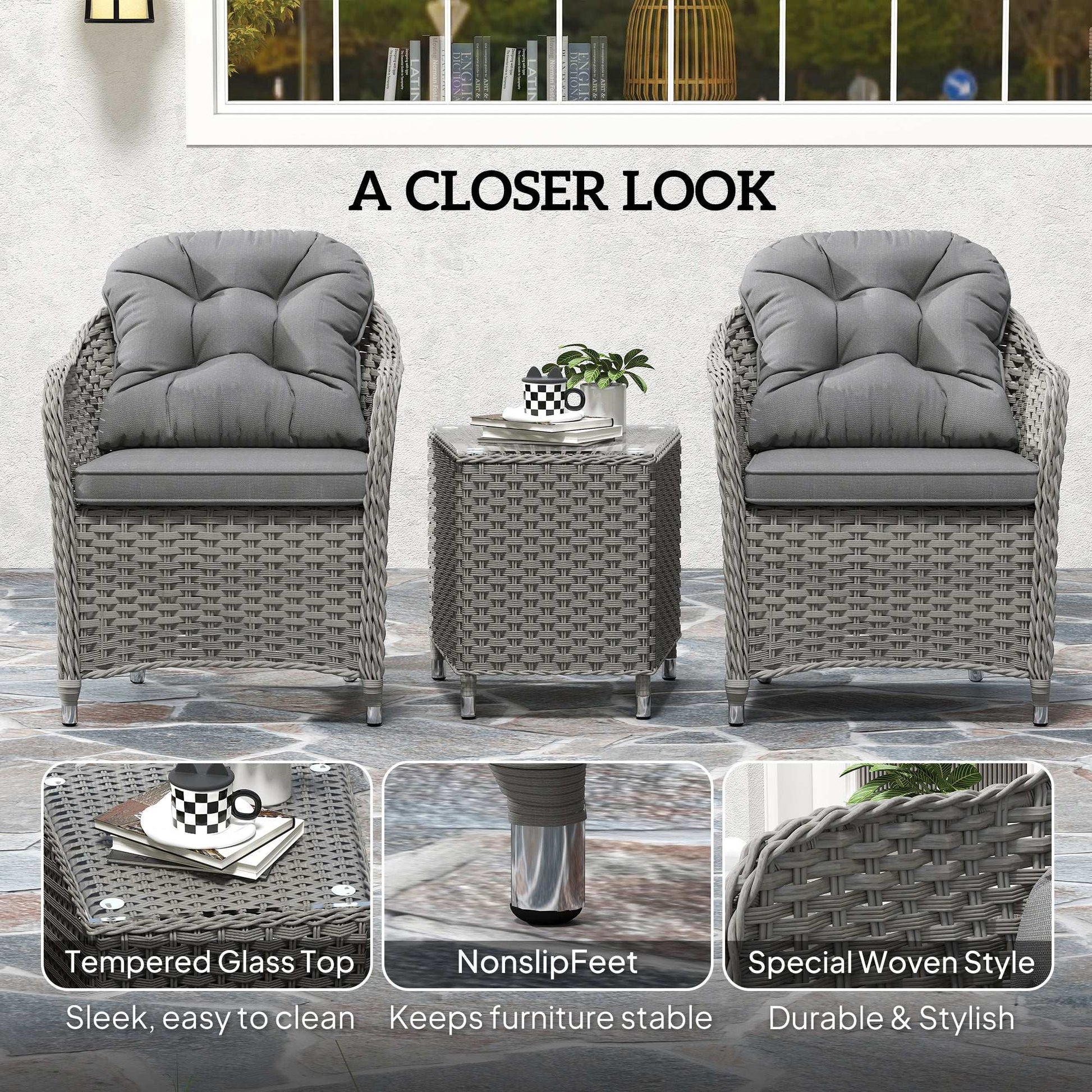 Outsunny 3 Pieces Rattan Bistro Set , Glass Top Balcony Table and Chairs with Cushions for Outdoor, Patio, Balcony, Light Grey