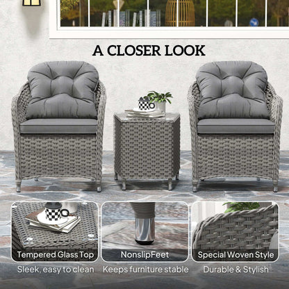 Outsunny 3 Pieces Rattan Bistro Set , Glass Top Balcony Table and Chairs with Cushions for Outdoor, Patio, Balcony, Light Grey