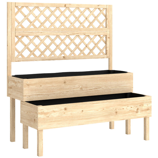 2-Tier Stepped Raised Garden Bed with Trellis | Fir Wood | 2 Planter Boxes with Liners | Drainage Gaps | 40kg Capacity | Ergonomic Tiered Design | 108x62x120cm | Natural Wood