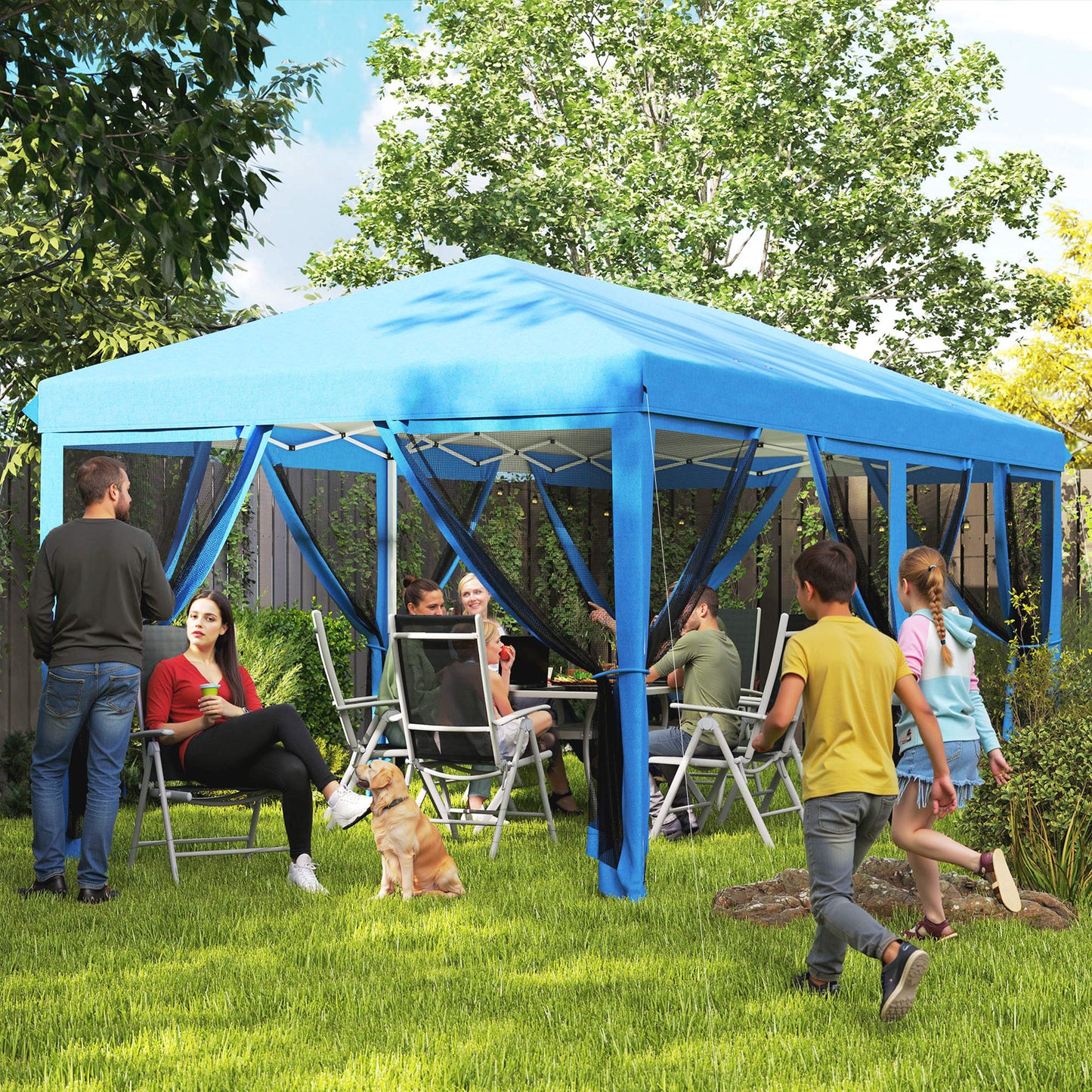 Outsunny 3 x 6m Pop Up Gazebo, Outdoor Canopy Shelter, Marquee Party Wedding Tent with 6 Mesh Walls and Carry Bag, Blue / Black