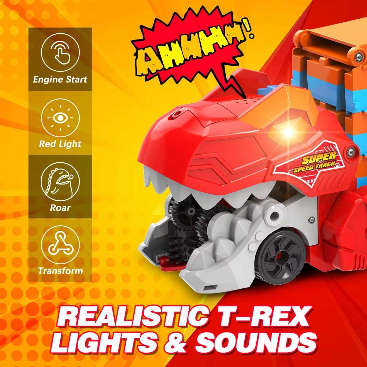 Dinosaur 3-In-1 Transport Truck Car Toys for Boys Age 3+ 8 Race Cars Ejection Folding Portable Track Toy with Sound for Kids