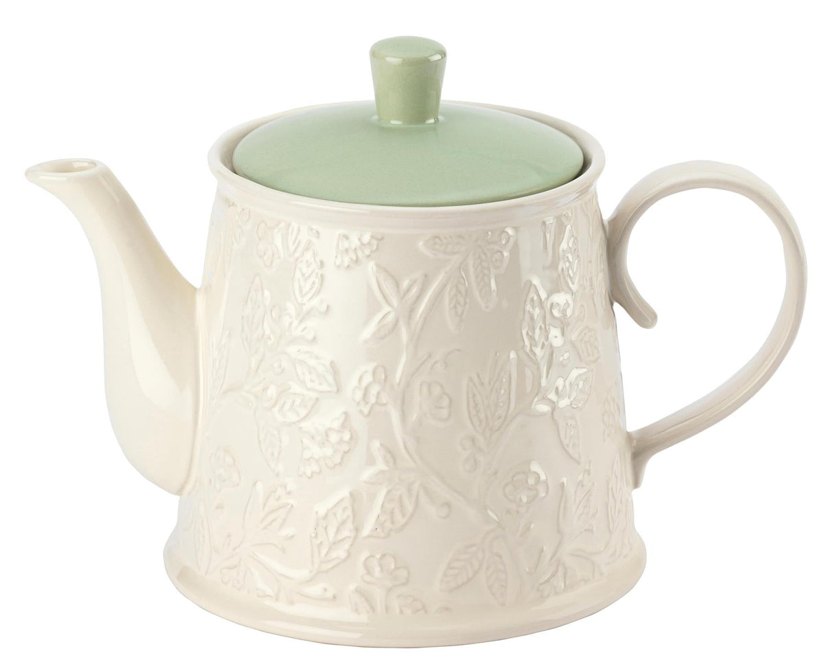 Maison & White Fieldview Farm Teapot | Cream Embossed Botanical Design | Sage Green Lid | Handled Country Kitchen Tea Pot